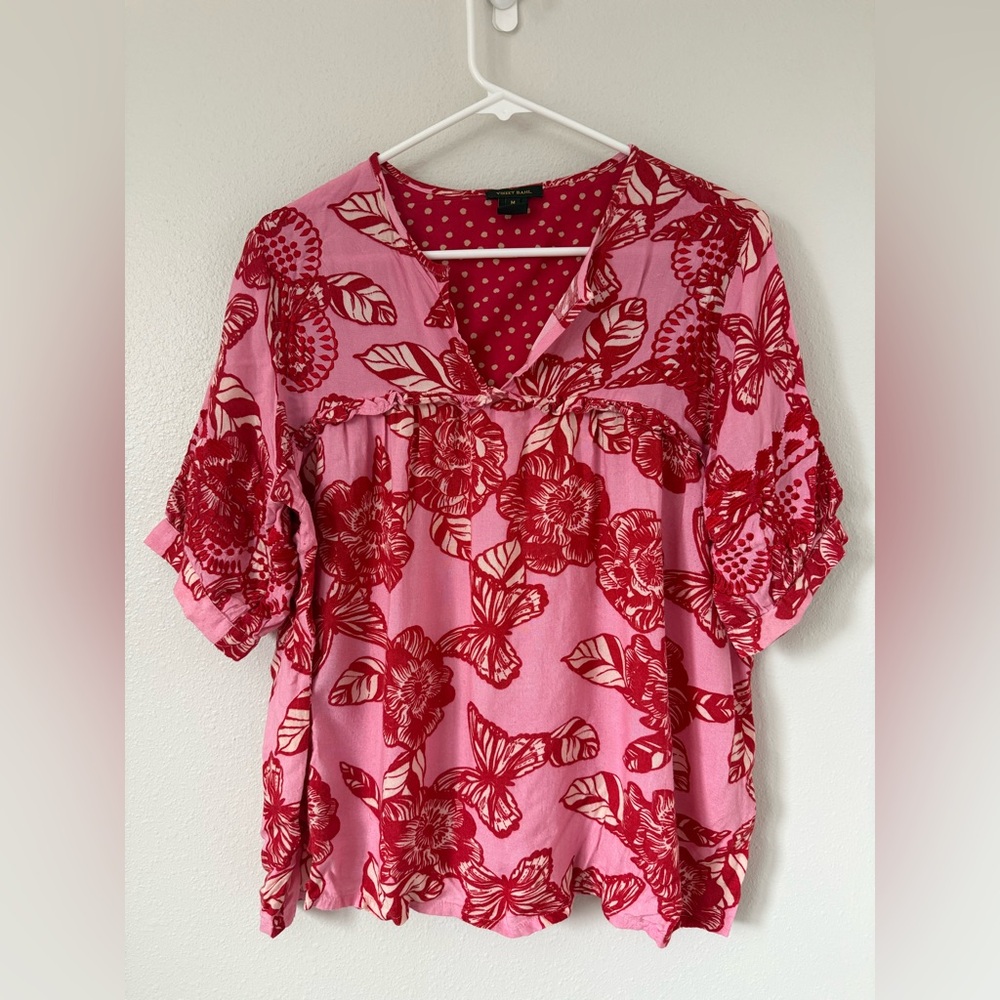 Women's Pink and Red Floral V-Neck Blouse - Picture 2 of 10